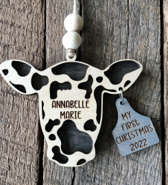 Cow Tag Ornament, My First Christmas Keepsake, Personalized Farmhouse Ornament, Gift For Baby