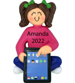 Kid With Tablet Ipad Personalized Christmas Ornament 2023 Grandkid - Brunette, Personalized Christmas Ornaments For Kids 2023