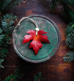 Maple Leaf Leather Ornament  - Christmas Yule - Handmade Heirloom - Holiday Home Decor