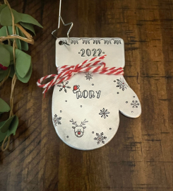 Mitten Ornament Hand Stamped Personalized Christmas Ornament Kids Names Custom 2023 Christmas Ornament