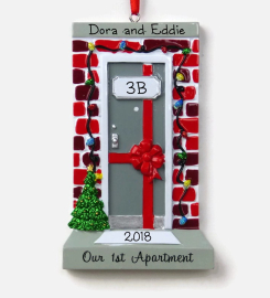 Our 1st Apartment Personalized Ornament - Brick Building - Gray Door - Hand Personalized Christmas Ornament