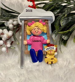 Personalized Blonde Girl On Swing With Optional Pet Dog Cat Christmas Ornament