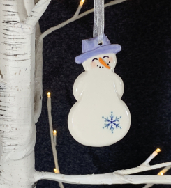 Snowman Ornament ~ White With Light Purple Hat